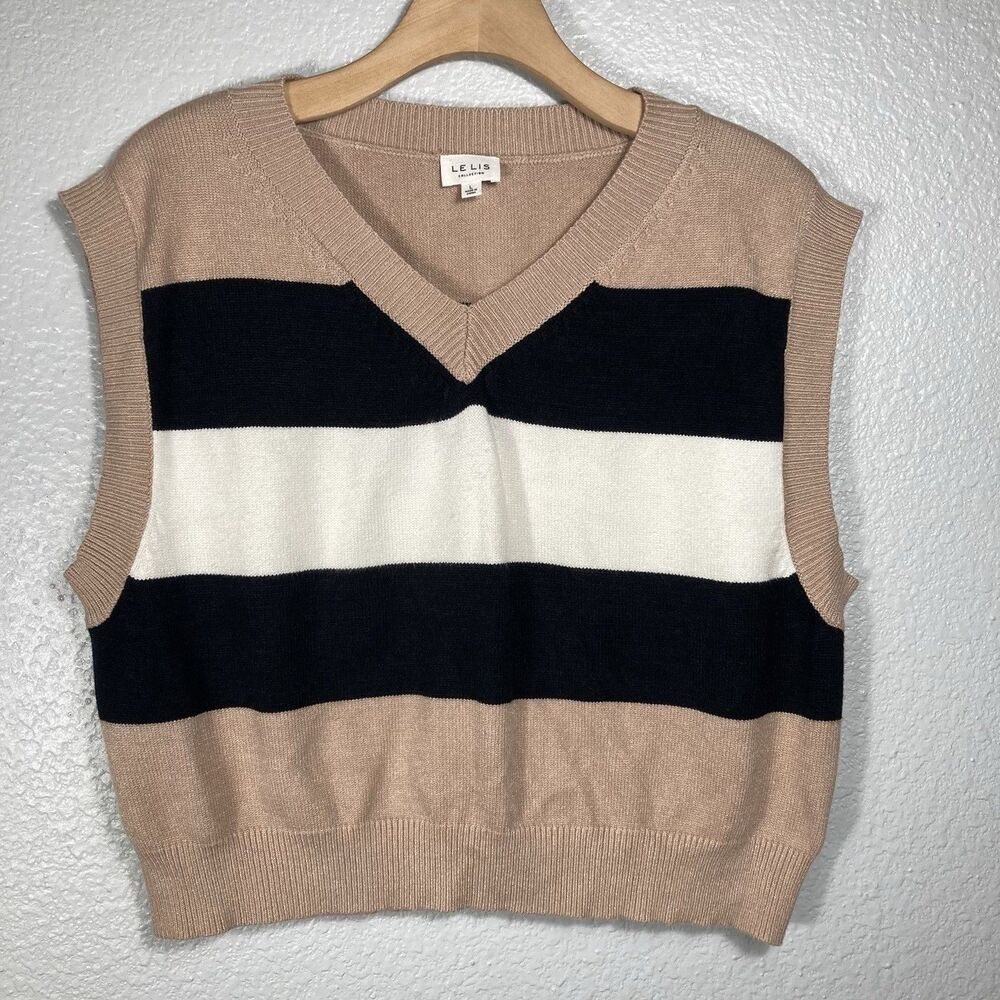 Cropped Boxy Sweater Vest V-Neck Size L Striped Color Block Brown Neutral Le Lis